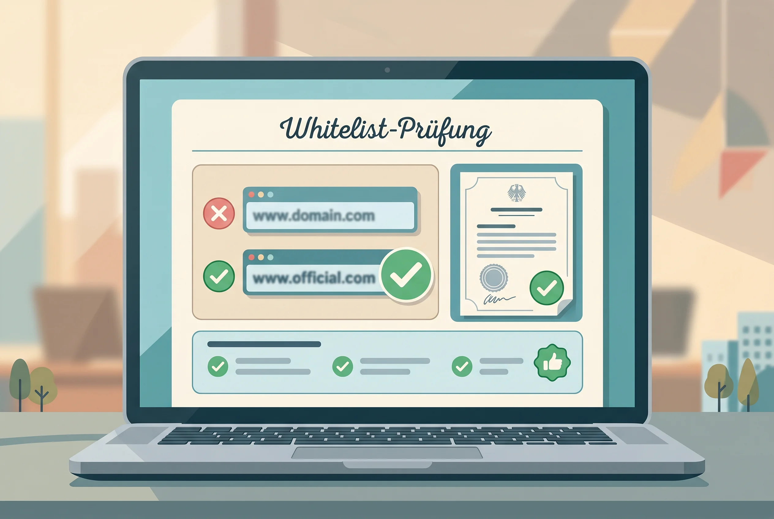 Illustration einer sachlichen Whitelist-Prüfung mit Domain, Erlaubnishinweis und Kontrollpunkten