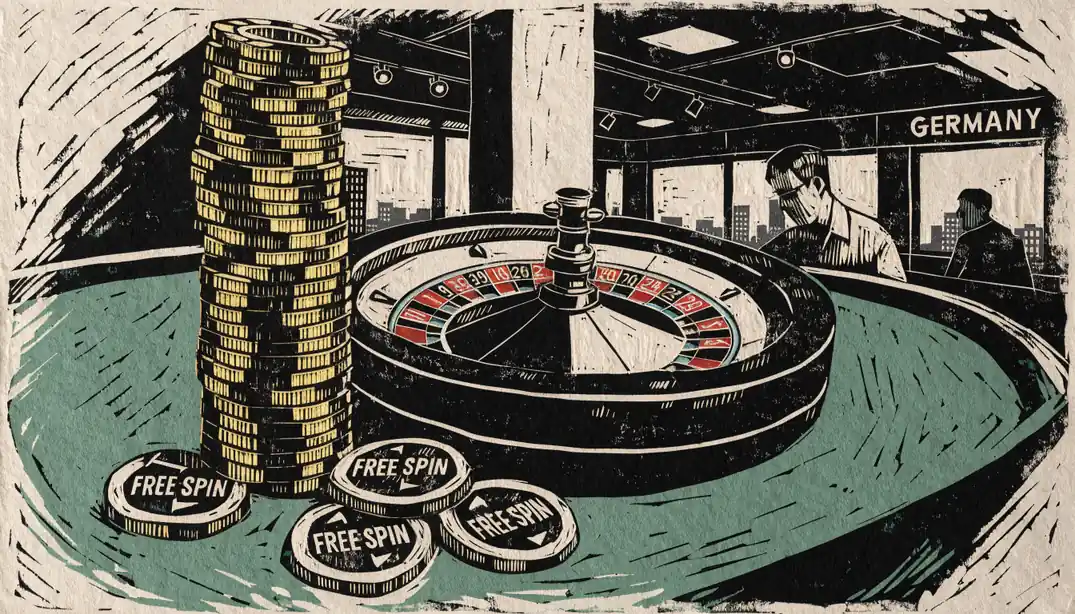 Stapel Casino-Chips neben Roulettekessel auf Spieltisch mit Freispiel-Marken.