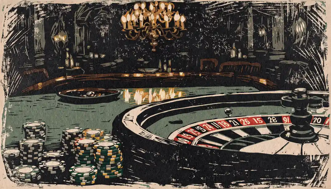 Roulette-Tisch mit Spielchips und Karten in elegantem Casino-Interieur