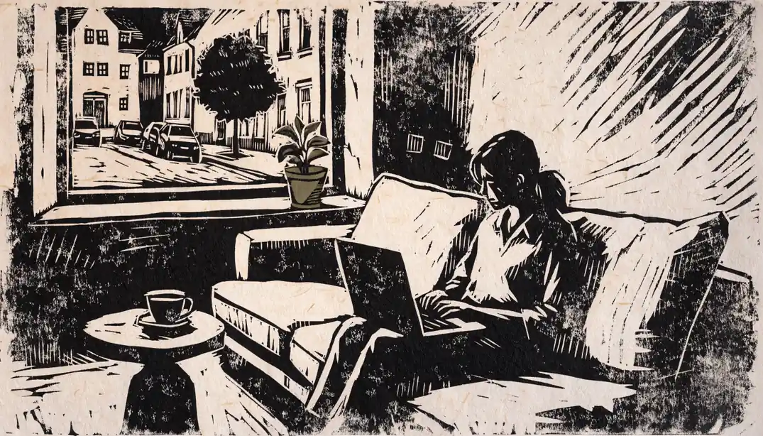 Gemütliches deutsches Wohnzimmer, Person mit Laptop abends auf der Couch.