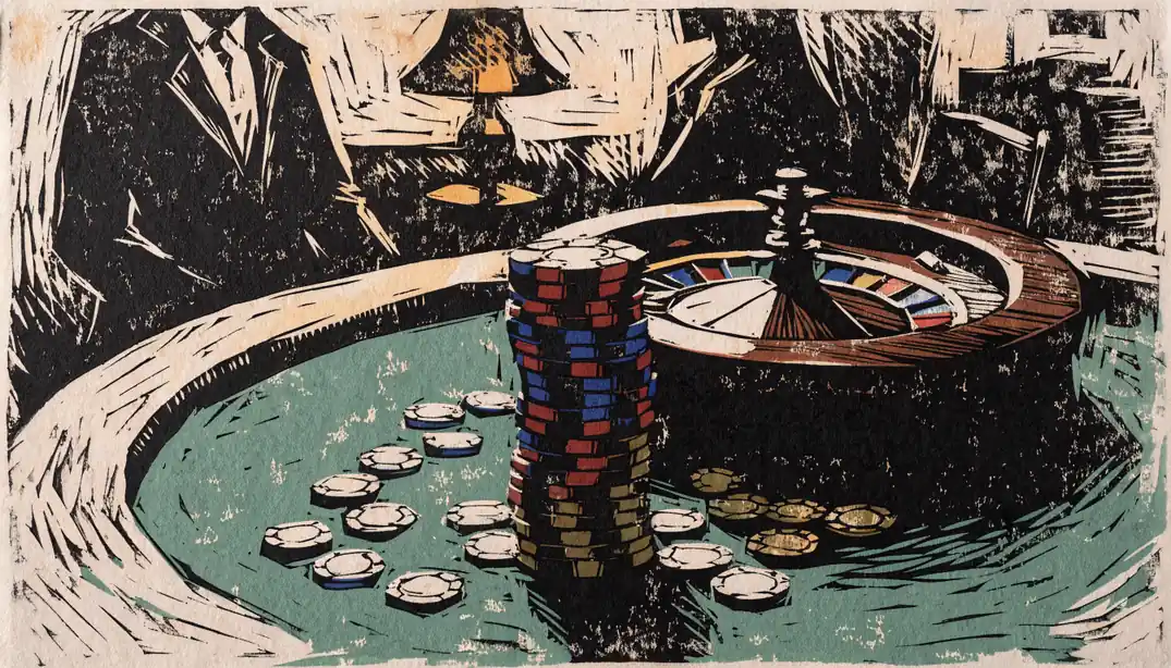 Casino-Tisch mit Spielchips, Roulette und Goldmünzen in warmem Licht