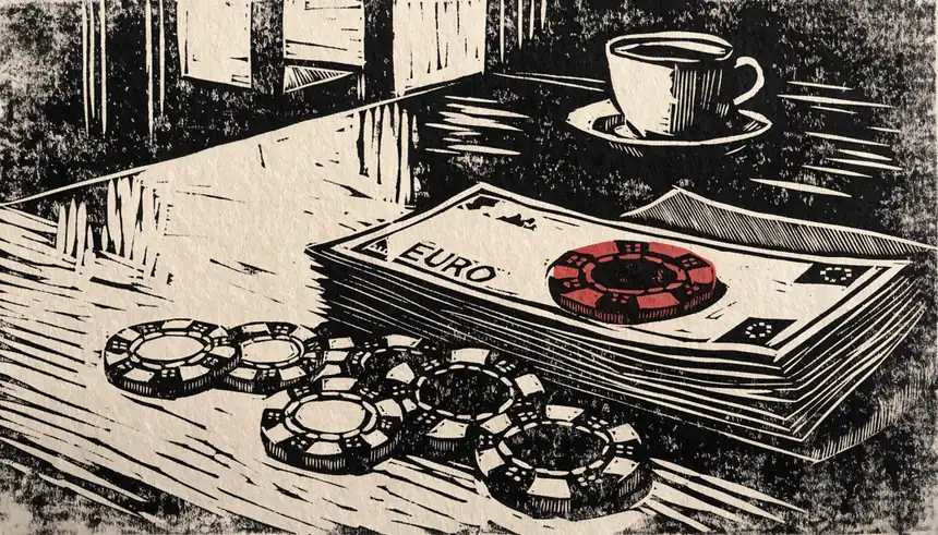 Euro-Scheine neben Casino-Chips auf einem Holztisch, warmes Abendlicht.