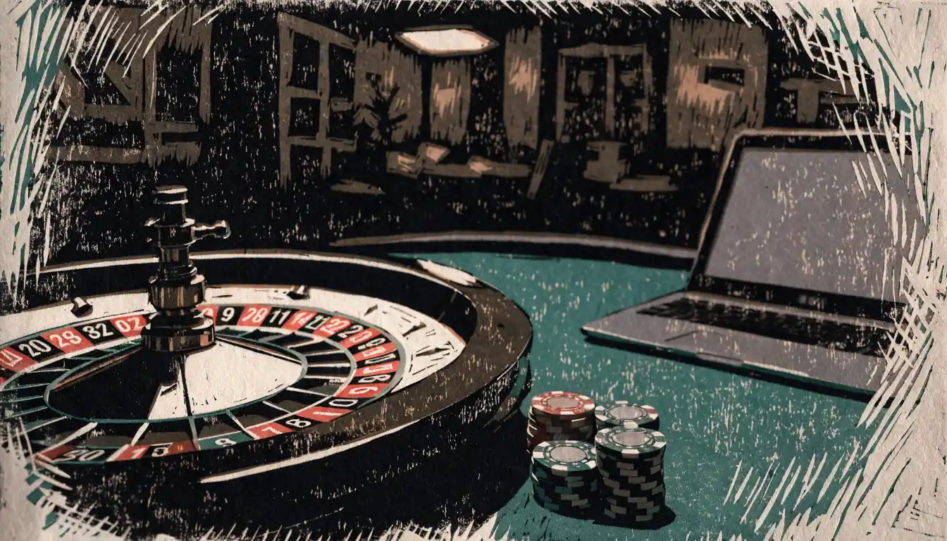 Roulette-Rad und Spielchips auf grünem Filz neben einem geschlossenen Laptop