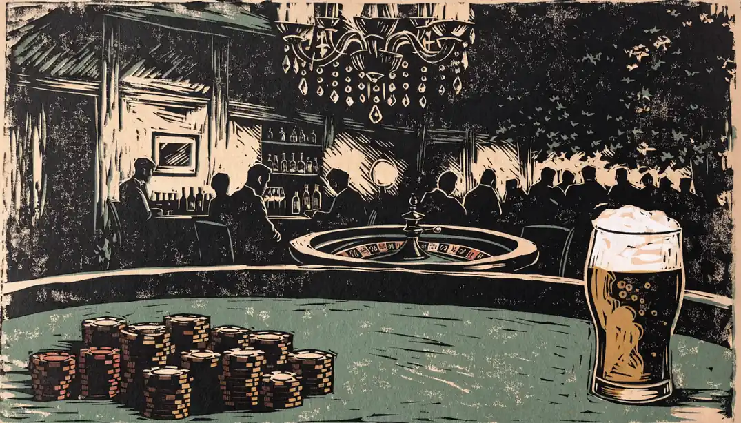Stapel roter und goldener Casino-Chips auf grünem Filztisch mit Rouletterad im Hintergrund
