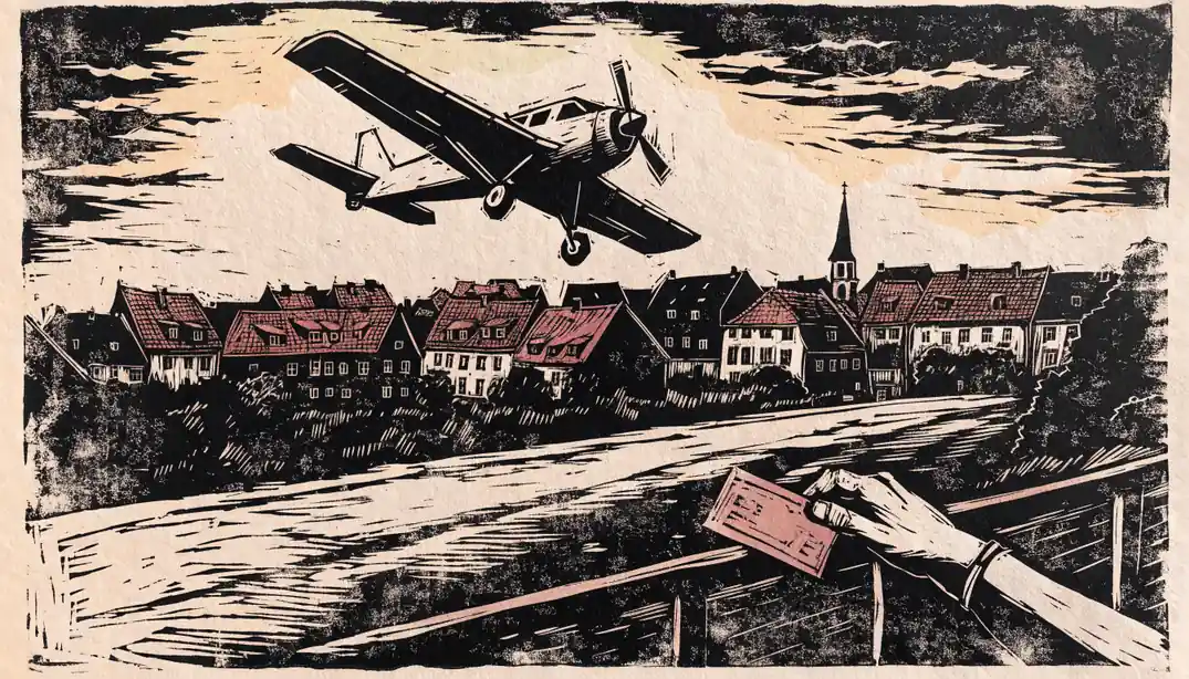 Propellerflugzeug hebt über deutscher Kleinstadt ab, Hand mit Ticket im Vordergrund.