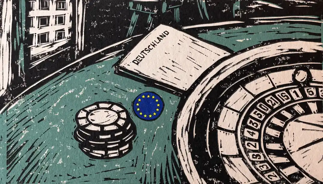 Casino-Chips und Roulette-Tisch mit deutschem Reisepass und Europa-Flagge.