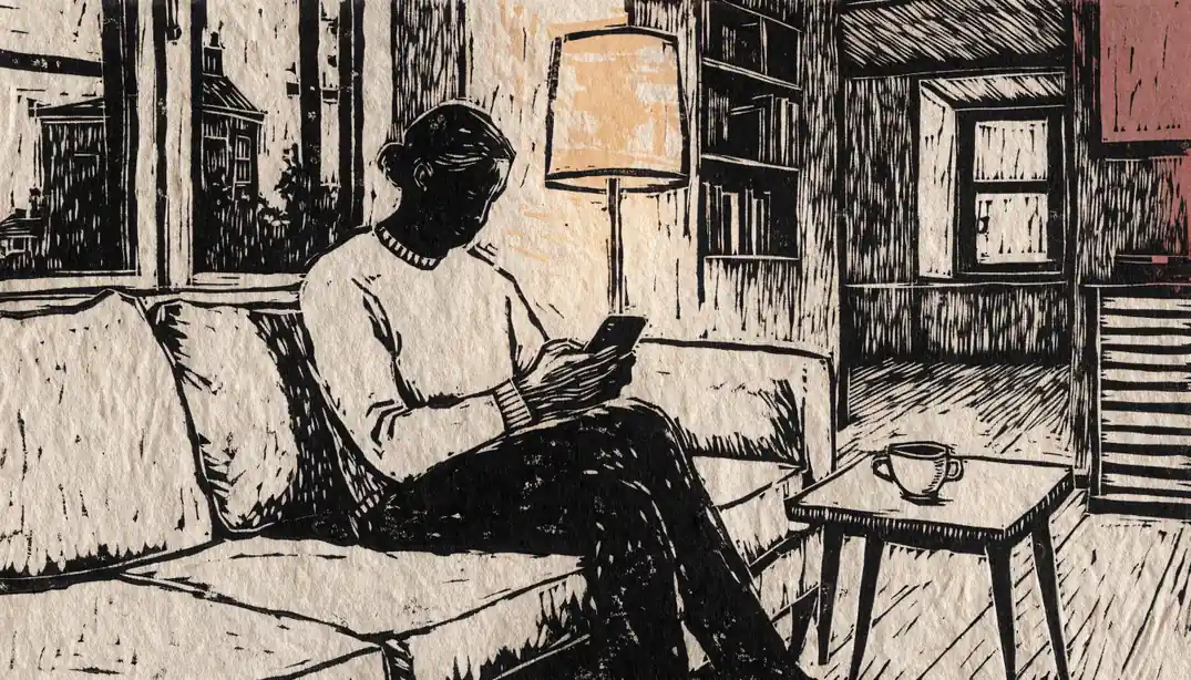 Mann auf Sofa mit Smartphone in modernem deutschen Wohnzimmer bei warmem Licht.
