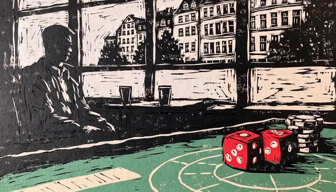 Zwei rote Würfel auf grünem Filz mit Spielchips am Craps-Tisch