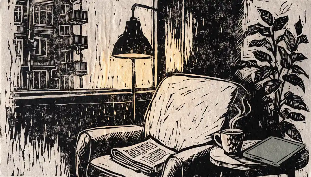 Gemütliches deutsches Wohnzimmer am Abend mit warmem Lampenlicht, Sessel und abgelegtem Tablet