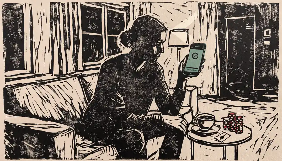 Person mit Smartphone und Casino-Chips auf dem Sofort.