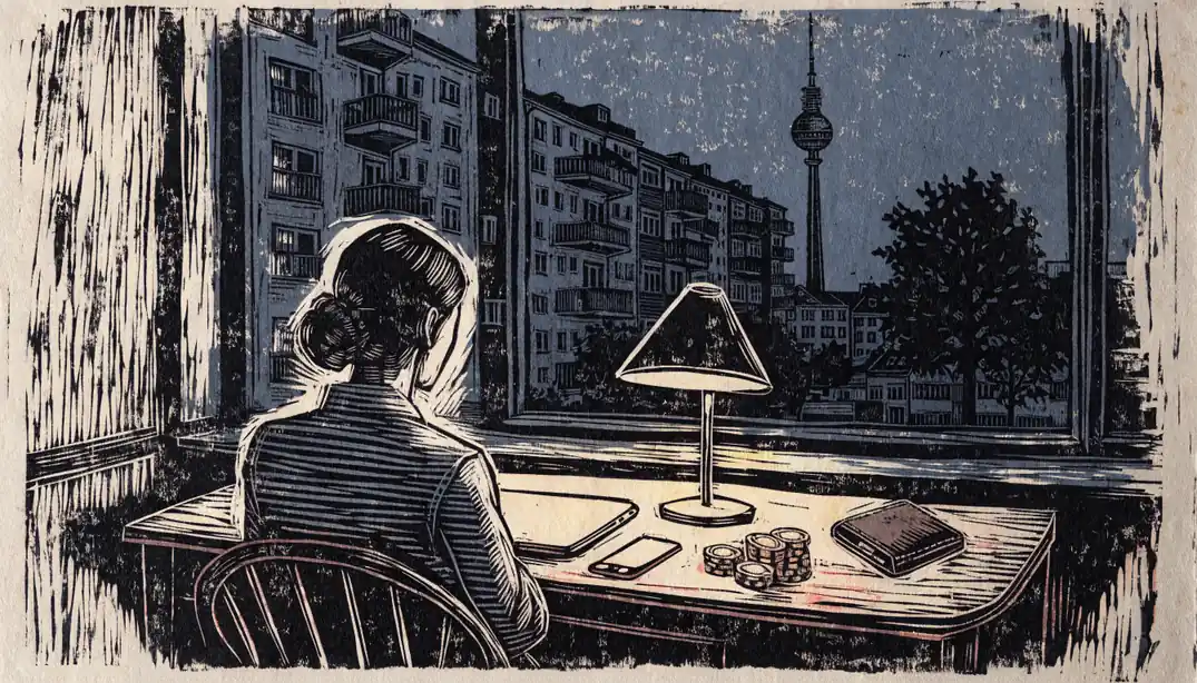 Modernes deutsches Apartment bei Dämmerung mit Person am Schreibtisch und Spielchips auf dem Tisch