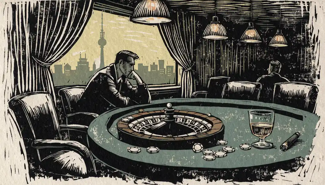 Dunkle Casino-Lounge mit Rouletterad, Chips und Berliner Skyline im Hintergrund.