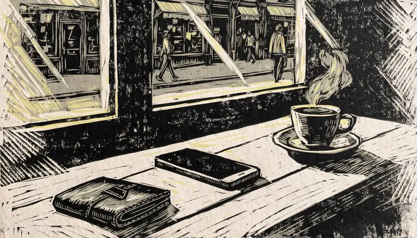Smartphone mit zugeklappter Geldbörse auf einem Café-Tisch in einer deutschen Stadt.