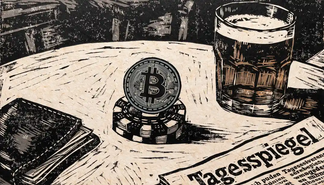 Casino-Chips mit Bitcoin-Münze auf Holztisch bei warmem Lampenlicht in Berliner Wohnung