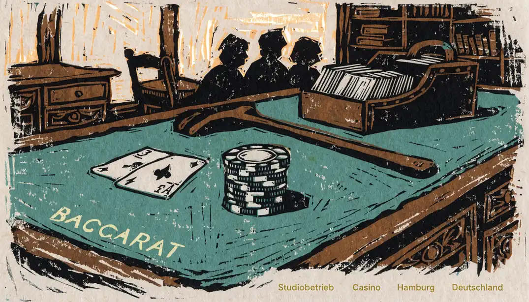 Eleganter Baccarat-Tisch im deutschen Casino-Studio mit gestapelten Chips, aufgedeckten Karten und warmem Licht