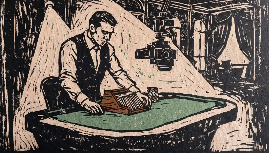Professioneller Live-Dealer am Blackjack-Tisch in einem Casino-Studio mit Kamera und Chips