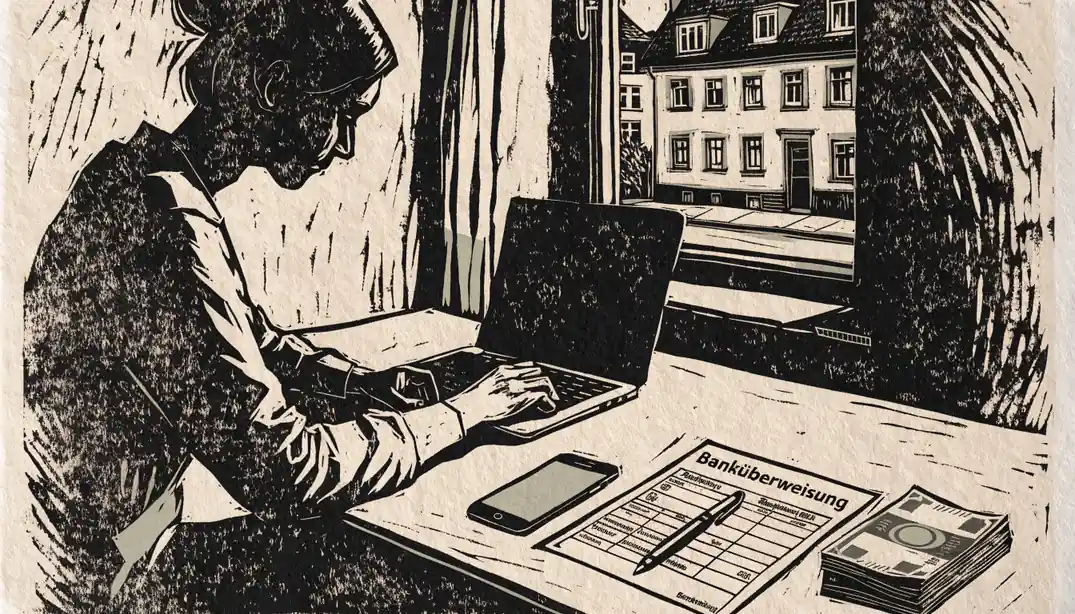 Person am Schreibtisch mit Laptop, Überweisungsformular und Euro-Scheinen in deutscher Wohnung.