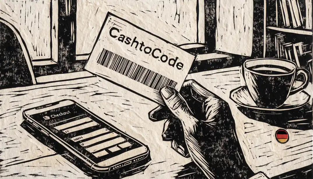 Hand mit CashtoCode-Gutschein neben Smartphone auf Schreibtisch