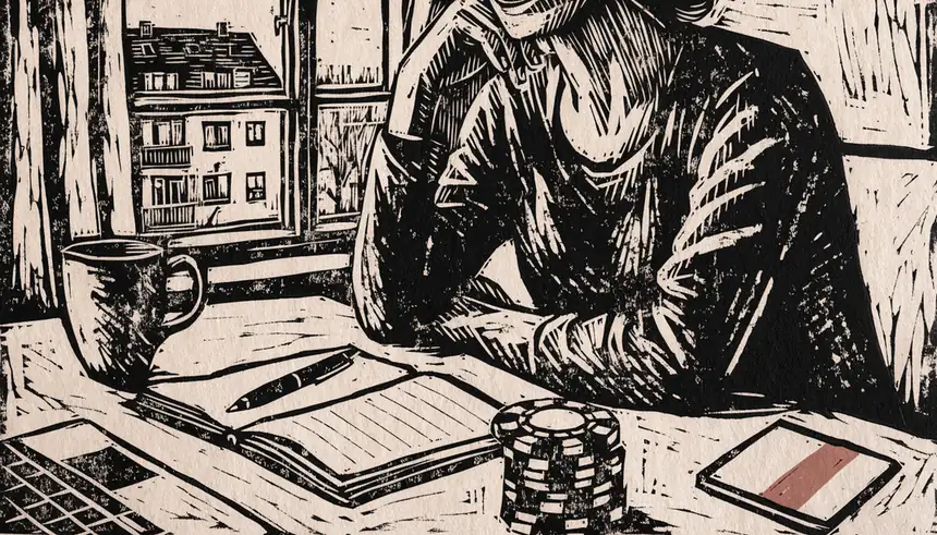 Person am Schreibtisch mit Laptop, Spielchips und Zahlungskarte