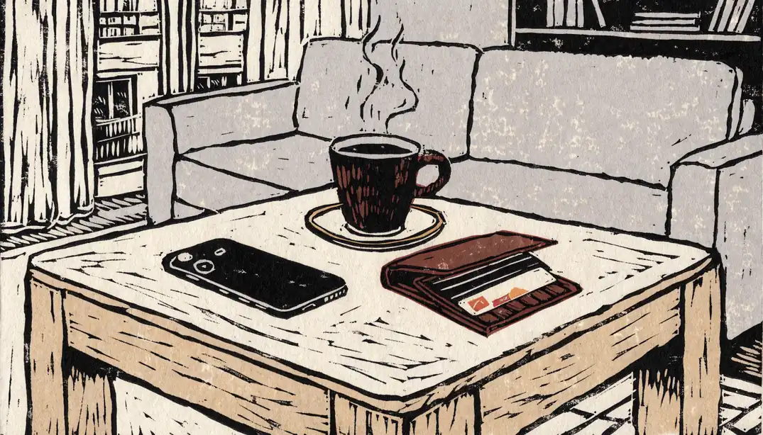 Smartphone und Geldbörse auf Holztisch im modernen deutschen Wohnzimmer