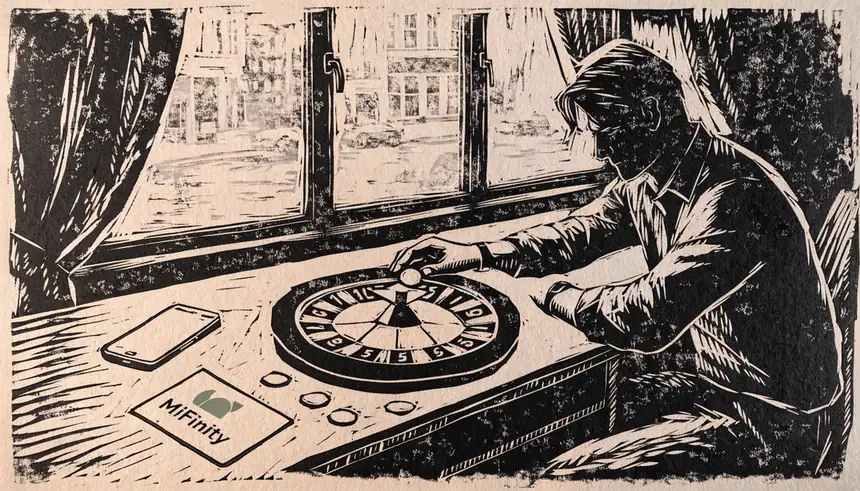 Spieler in Berlin-Apartment setzt Chips auf Roulette, Smartphone und MiFinity-Karte auf dem Schreibtisch.