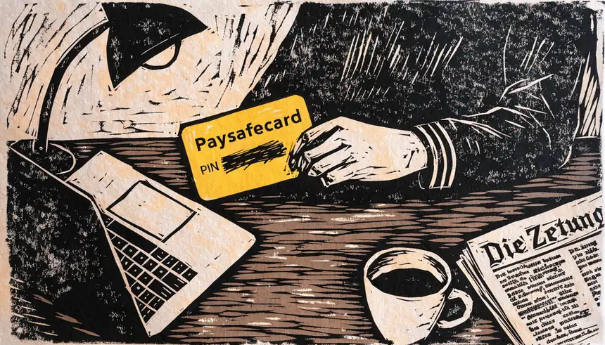 Hand mit gelber Paysafecard und freigerubbelter PIN auf einem Tisch, Laptop im Hintergrund.