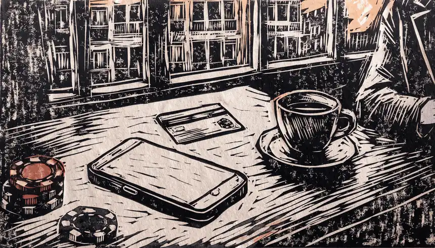 Smartphone mit Spielchips und Bankkarte auf einem Tisch in modernem deutschen Wohnzimmer