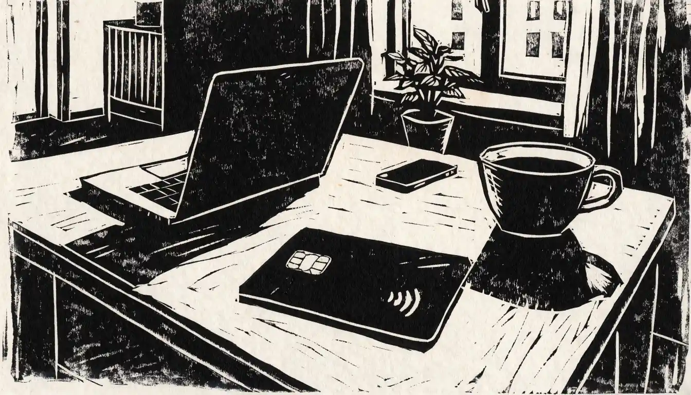 Eine moderne Schreibtischszene in einer deutschen Wohnung mit Bankkarte, Laptop und Kaffeetasse bei Tageslicht.