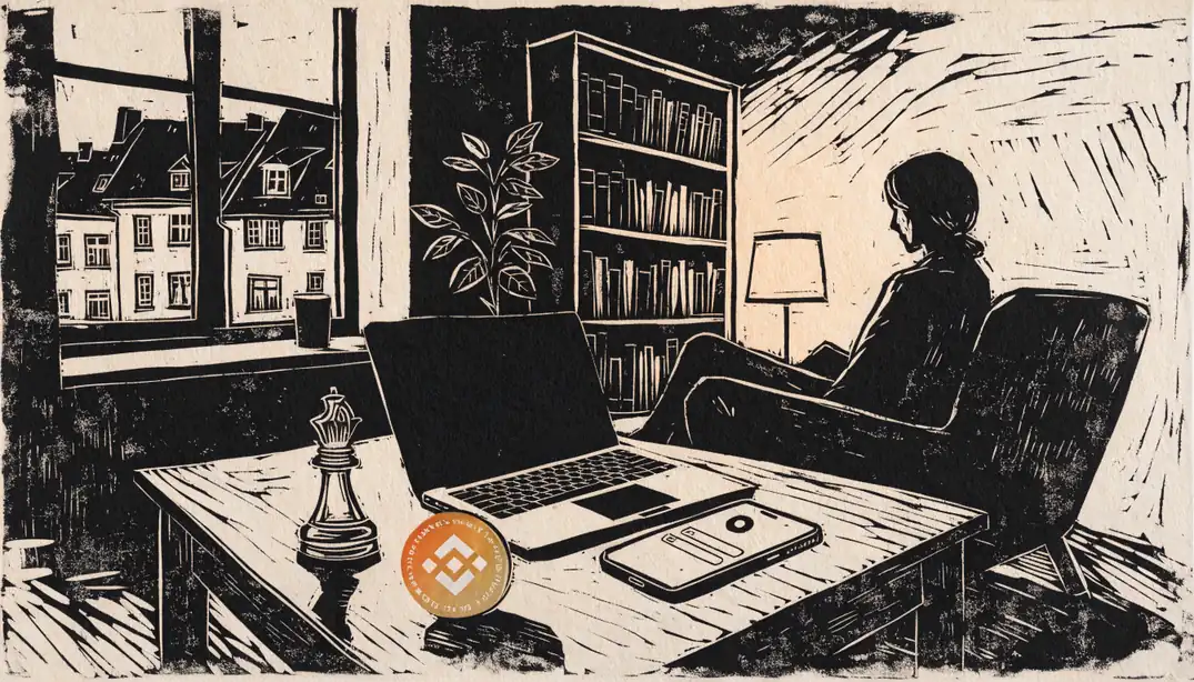 Modernes Wohnzimmer mit Laptop, Binance-Münze und Schachfigur auf dem Couchtisch bei warmem Licht.