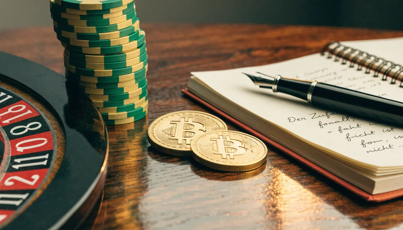 Casino-Chips und Bitcoin-Cash-Münzen auf einem Holztisch neben einem Roulette-Rad.
