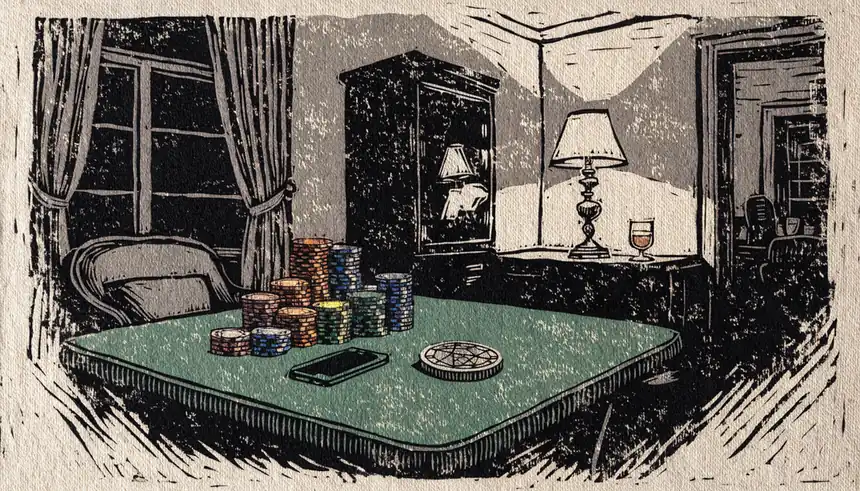Casino-Chips und eine generische Kryptomünze auf grünem Filztisch in elegantem europäischem Raum.