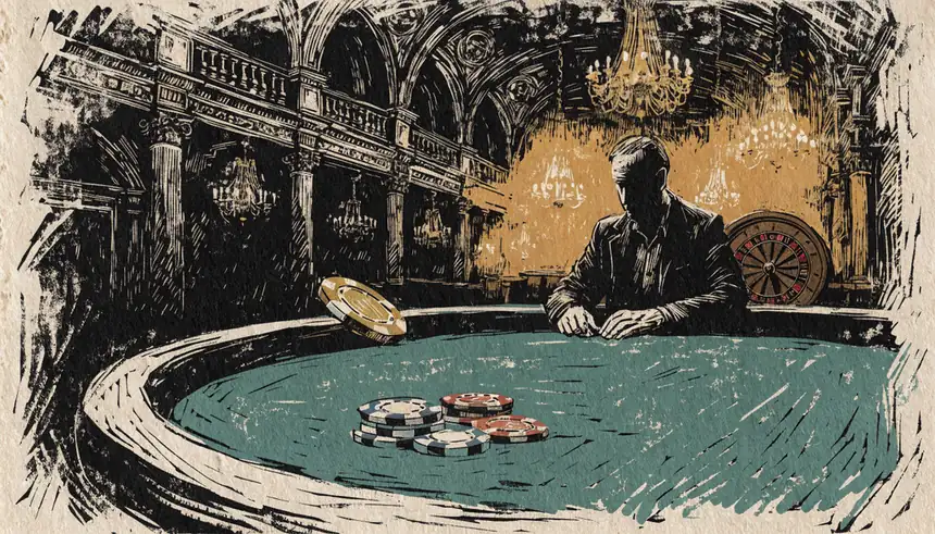 Stapel bunter Pokerchips auf einem Filttisch, ein einzelner Chip wird dem Betrachter als Geschenk gereicht.