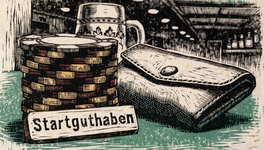Casino-Chips neben einem geschlossenen Portemonnaie auf grünem Filz, Startguthaben-Schild.