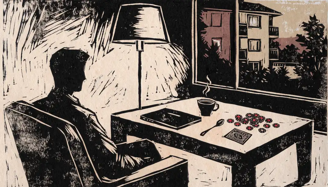 Wohnzimmer in Deutschland mit geschlossenem Laptop, Casino-Chips und Spielkarte auf dem Tisch.
