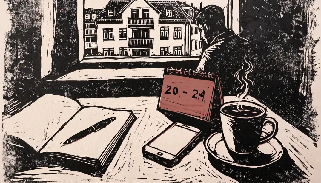 Schreibtisch mit Notizbuch, Kalender und Kaffeetasse bei Tageslicht