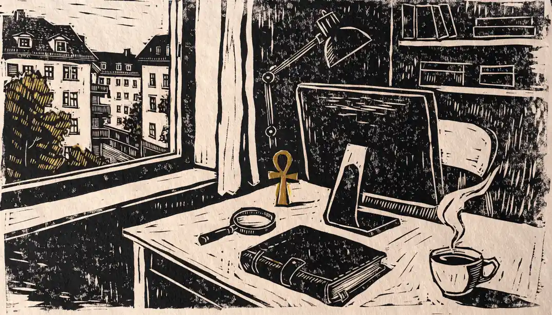 Schreibtisch mit abgewandtem Monitor, altem Tagebuch und Ankh-Figur in deutscher Wohnung