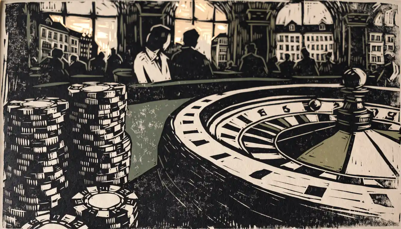 Casino-Chips und Roulette-Tisch in deutscher Spielbank bei Abendlicht