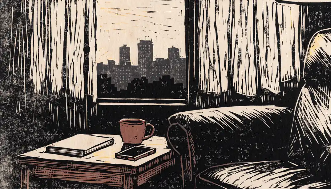 Abendliches Wohnzimmer mit Notizbuch, Kaffeetasse und Smartphone auf dem Tisch, Berliner Skyline im Hintergrund