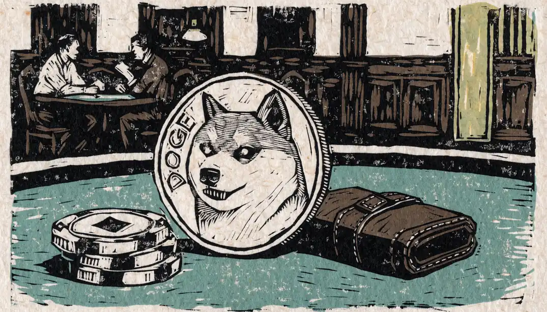 Dogecoin-Münze auf Casinotisch mit Spielchips und Kartenmischer