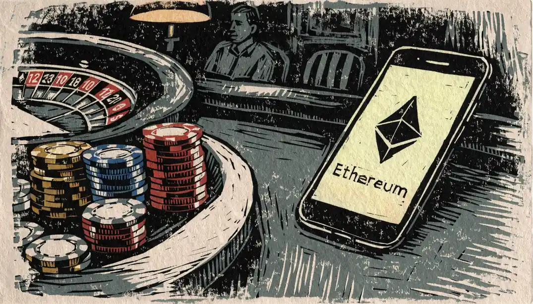 Casino-Tisch mit Jetons und beleuchtetem Smartphone für Ethereum-Zahlungen.