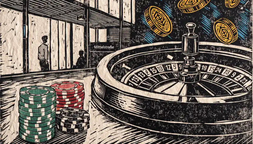 Casino-Chips und Roulette-Rad mit schwebenden Krypto-Münzen in modernem deutschen Interieur