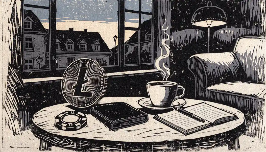 Litecoin-Münze mit Pokerchip und Notizbuch auf einem Couchtisch in einer deutschen Wohnung.