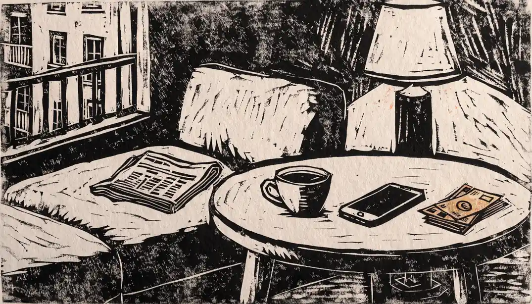 Smartphone und Euro-Geldscheine auf einem Couchtisch in einem modernen deutschen Wohnzimmer.