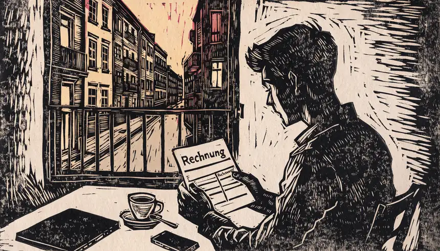 Junger Mann in Berlin prüft eine Rechnung am Schreibtisch neben einem geschlossenen Laptop.