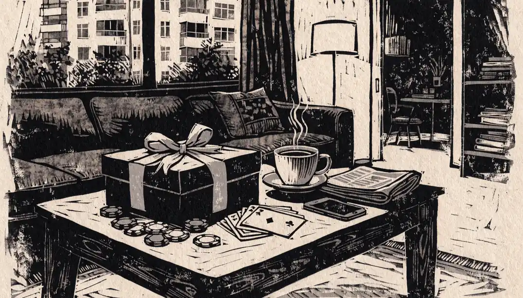 Geschenkbox mit Schleife, Casino-Chips und Spielkarten auf einem Couchtisch in modernem deutschen Wohnzimmer