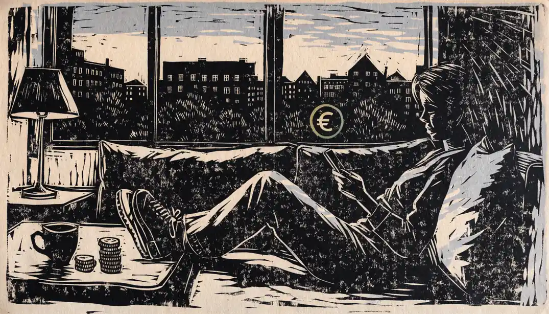 Person auf dem Sofa mit Smartphone, Euro-Münzen und Einzahlungsbonus-Symbol