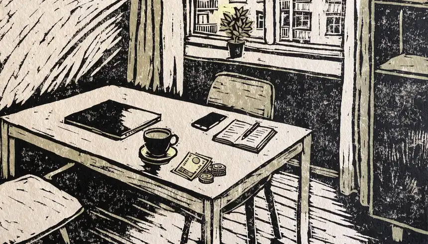 Heller Schreibtisch mit Euro-Scheinen, geschlossenem Laptop und Notizbuch in moderner Wohnung.