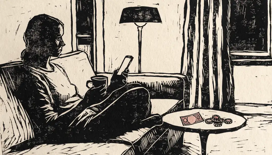 Person auf der Couch mit Smartphone, Kaffeetasse und Euro-Schein auf dem Beistelltisch.