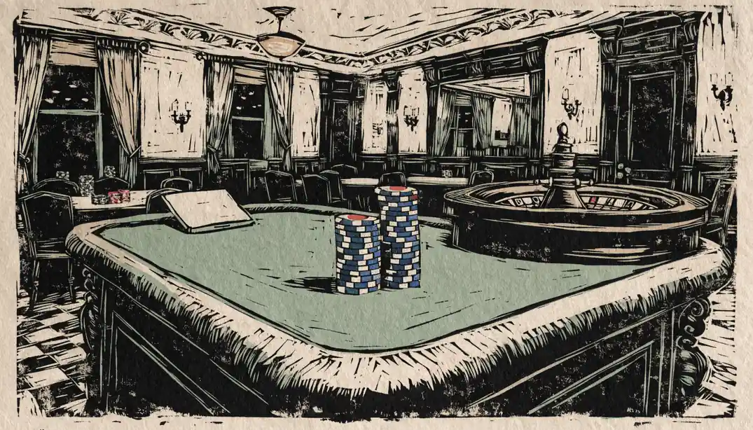Eleganter Spieltisch mit Spielchips, Roulettekessel und geschlossenem Laptop im Casino-Interieur mit warmem Licht