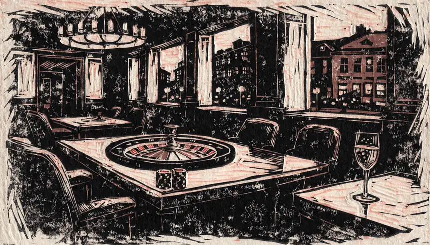 Elegantes Casino-Lounge-Interieur mit Roulette-Tisch und Chips bei warmem Abendlicht.
